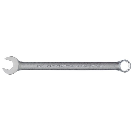 PROTO J1220MASD combination wrench, 20mm, anti-slip design, silver finish, product side view on white background.