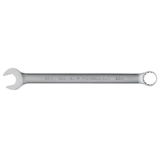 Photo of PROTO J1220MASD combination wrench, silver finish, 20mm, flat on white background.