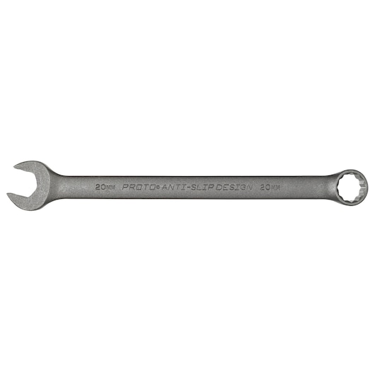 PROTO J1220MBASD 20mm anti-slip design combination wrench, silver finish, product side view.