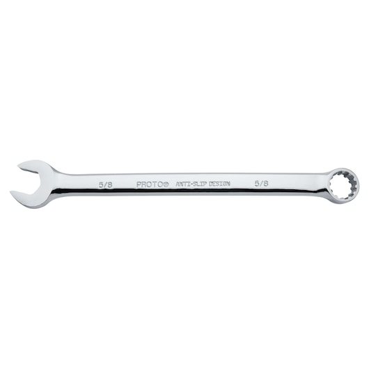 Photo of PROTO J1220SPL combination wrench, 5/8 inch, chrome finish, top view on white background.