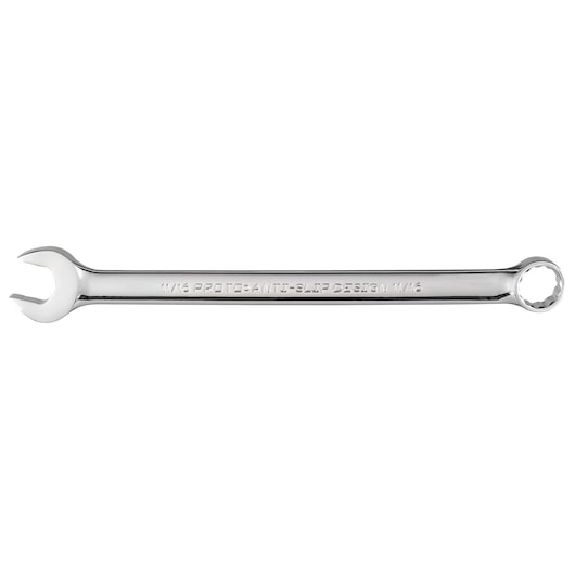 Photo of PROTO J1222-T500 combination wrench, chrome finish, open and box end, top view, on white background.