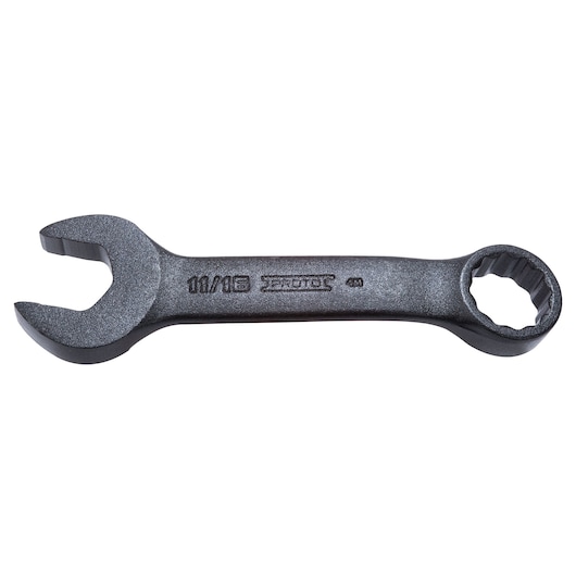 PROTO J1222ESB combination wrench, black finish, 11/16 inch size, flat lay on white background.