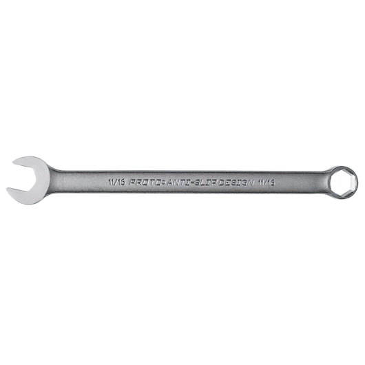 PROTO J1222HASD combination wrench with open and box ends, silver finish, top angle on white background.