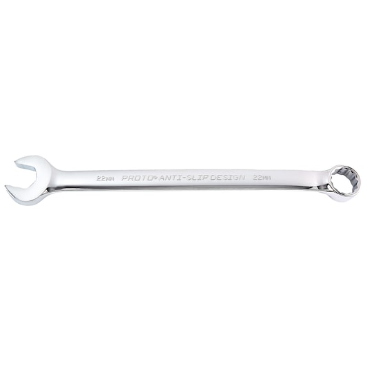 PROTO J1222M-T500 chrome combination wrench, 22mm, anti-slip, product side angle, white background