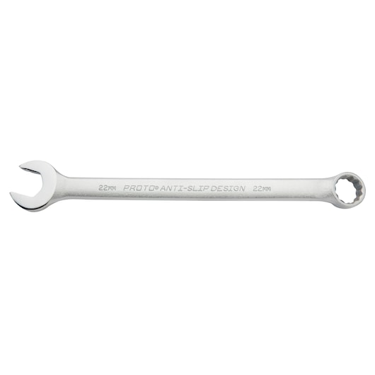 Photo of PROTO J1222MBASD combination wrench, silver finish, 22mm size, flat angle, white background.