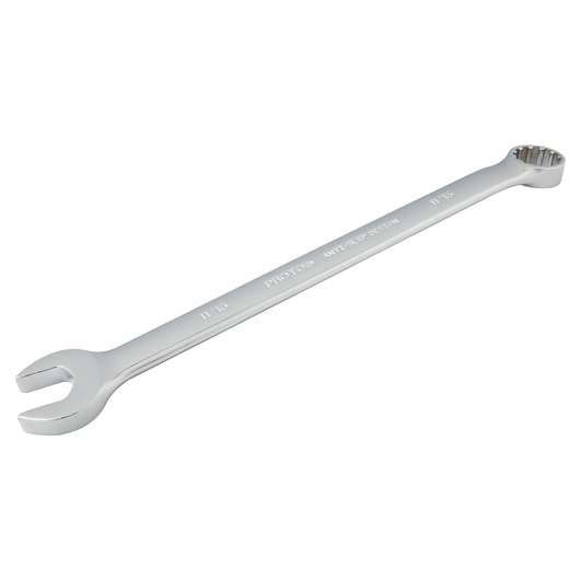 Photo of PROTO J1222SPL combination wrench, chrome finish, showing open-end and box-end, angled on white background.