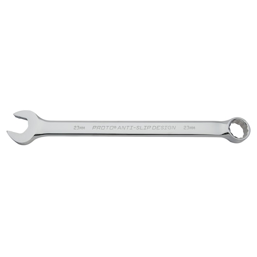 PROTO chrome combination wrench 23mm, J1223M-T500, flat side view on white background.