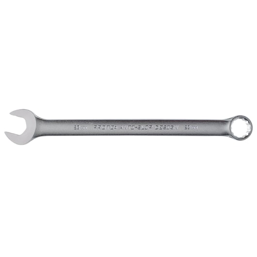 PROTO combination wrench J1223MASD, silver finish, 23 mm, open end and box end, side view on white background.