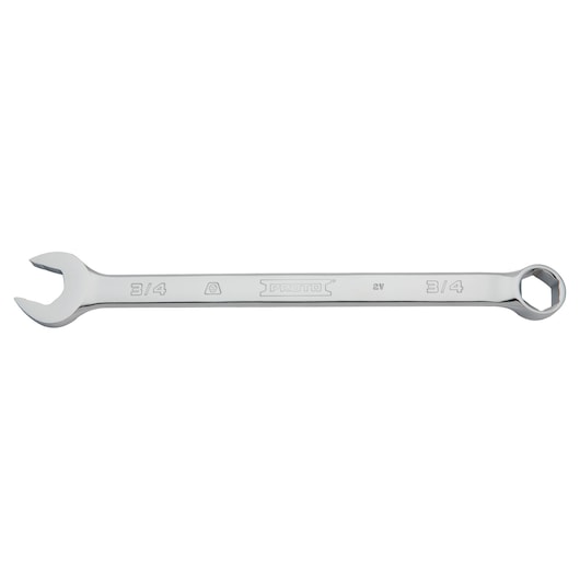 PROTO J1224H-T500 chrome combination wrench with open and box end, 3/4 inch, side view on white background.