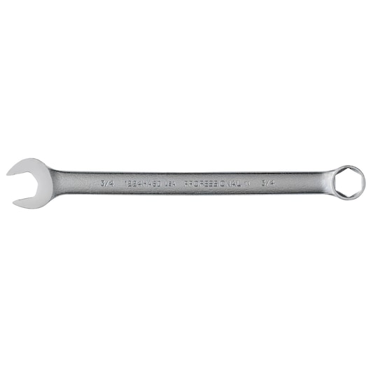 PROTO J1224HASD combination wrench, chrome finish, open-end and box-end, top view on white background.