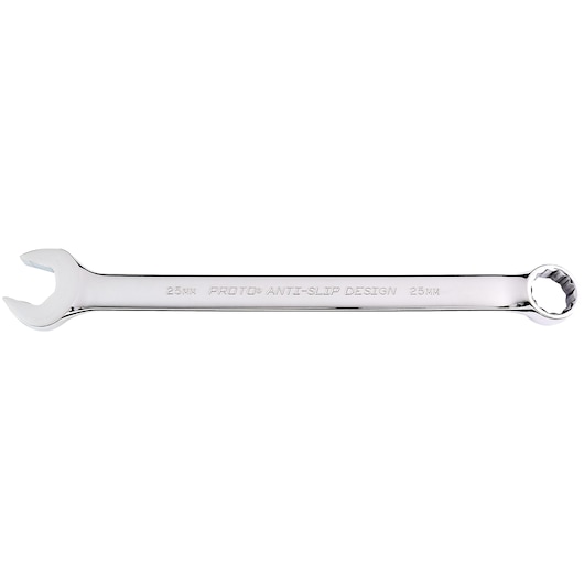 PROTO chrome combination wrench 25mm J1225M-T500, box and open end, product photo on white background.