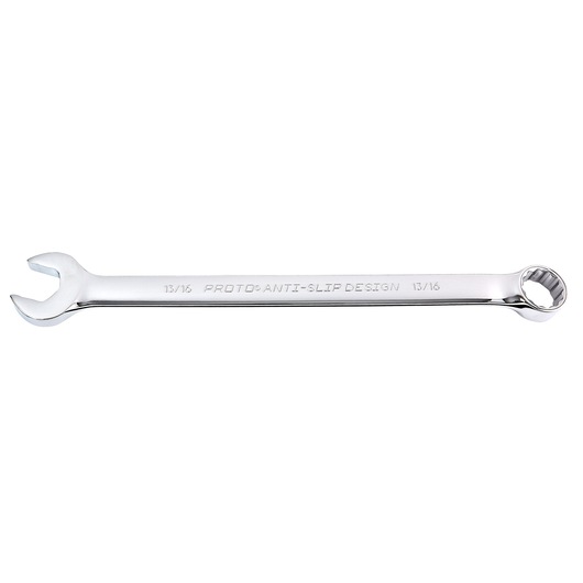 PROTO J1226-T500 combination wrench, chrome finish, 13/16 inch, box and open end, side angle, white background.