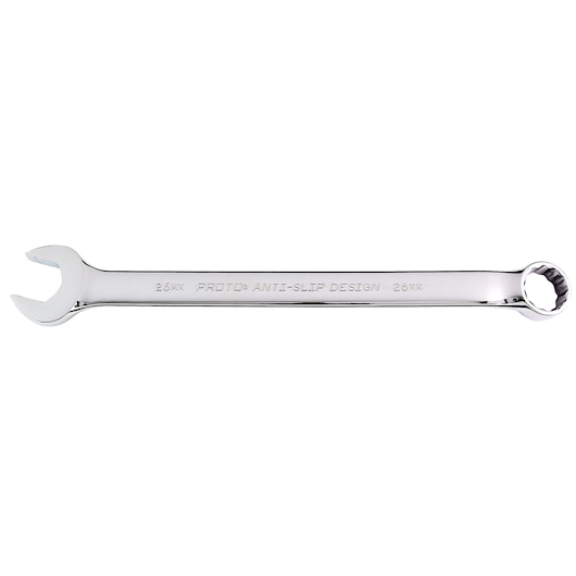 PROTO J1226M-T500 combination wrench, polished chrome, 26mm size, flat lay on white background.