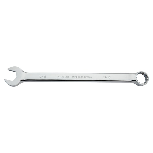 PROTO J1226SPL combination wrench with anti-slip design, chrome finish, open-end and box-end, side view.