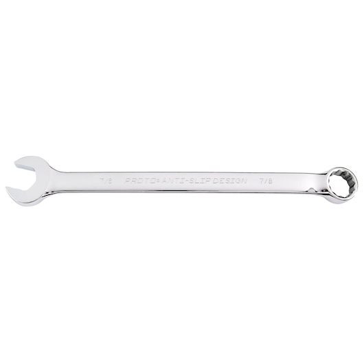 Photo of PROTO J1228-T500 chrome combination wrench with open and box ends, tool on white background.