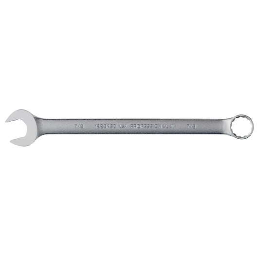 PROTO J1228ASD combination wrench, silver, open and box end, top view, plain white background.