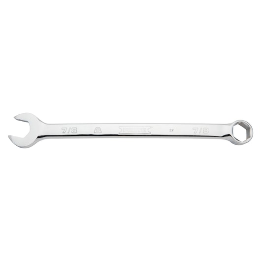 PROTO J1228H-T500 chrome combination wrench, 7/8 inch, box and open end, side view on white background.