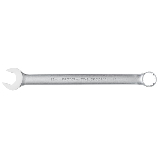 PROTO J1228MASD combination wrench with open and box ends, silver finish, side angle on white background.