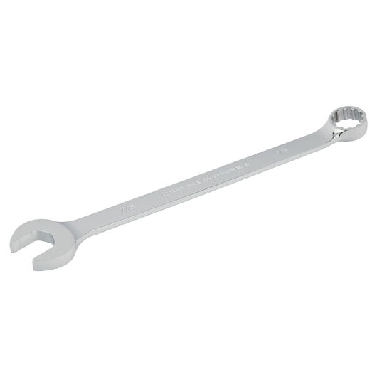 Photo of PROTO J1228SPL combination wrench with open and box ends, silver finish, angled on white background.