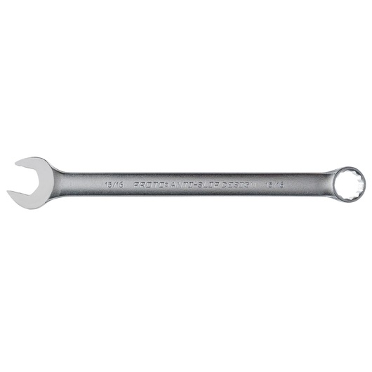 PROTO J1230ASD combination wrench, silver finish, 13/16 inch size, open and box end, top view on white background.