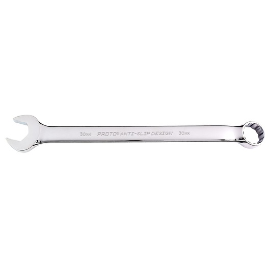 PROTO J1230M-T500 combination wrench with anti-slip design, chrome finish, 30mm, side angle on white background.