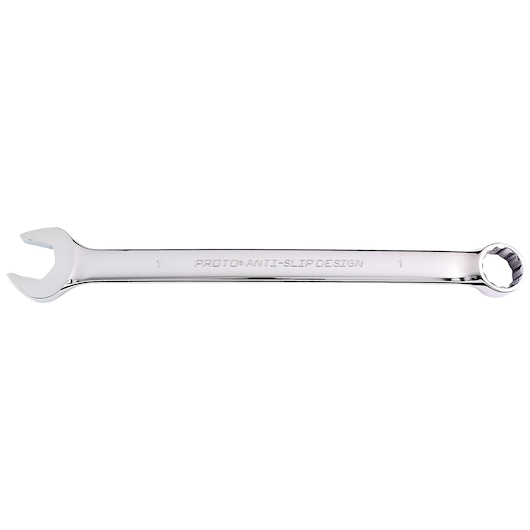 PROTO J1232-T500 chrome combination wrench with anti-slip design, side angle on white background.