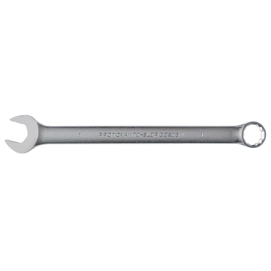Photo of PROTO J1232ASD combination wrench, silver finish, open-end and box-end, side angle on white background.