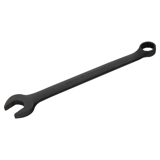 Photo of PROTO J1232BASD black combination wrench, open and box end, angled on white background.