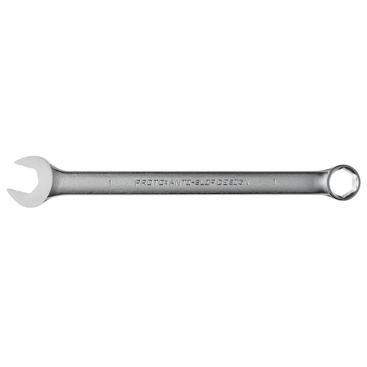 PROTO J1232HASD combination wrench, silver, with open and box ends, flat lay on white background.