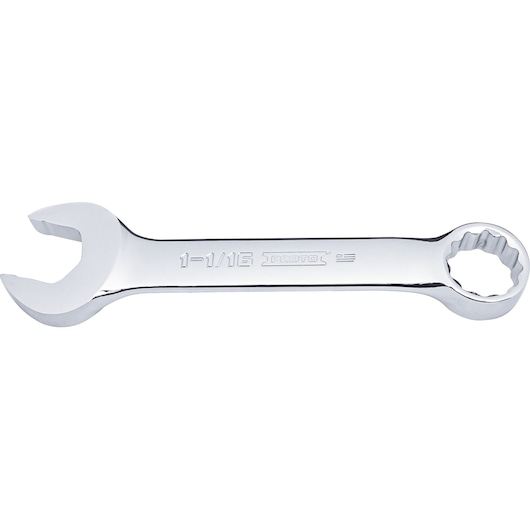 Photo of PROTO J1234S combination wrench, polished chrome finish, box and open end, on white background.