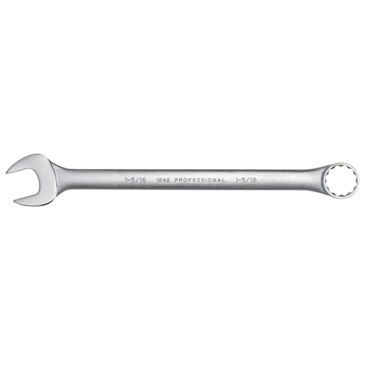 PROTO J1242 combination wrench, silver finish, with open-end and box-end, product on white background, side angle.