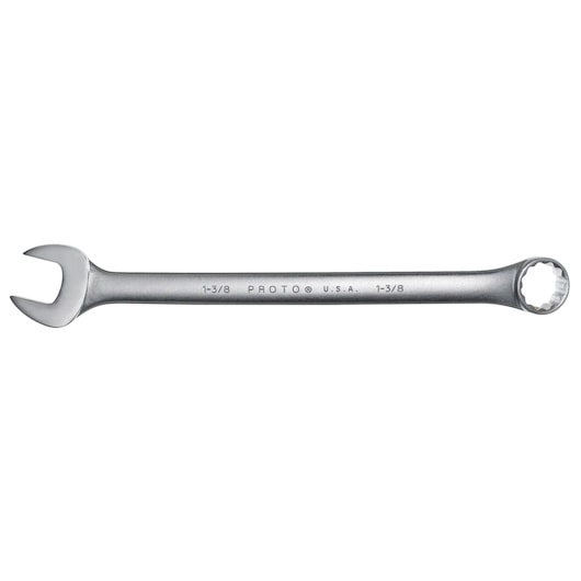 PROTO J1244 combination wrench, silver finish, open-end and box-end, top view on white background.