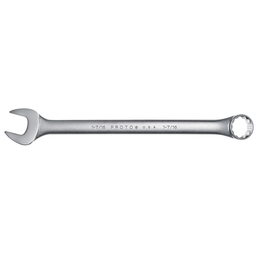 PROTO J1246 combination wrench with open and box ends, silver finish, side angle, photography.