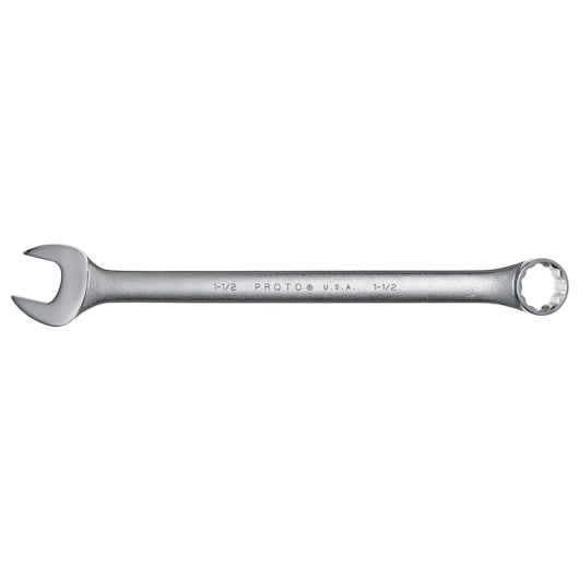 PROTO J1248 combination wrench with open and box end, polished steel, product photography, side view.