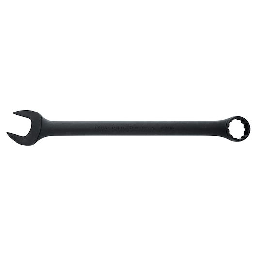 Photo of PROTO J1250B black combination wrench, open and box end, tool category, side angle, white background.