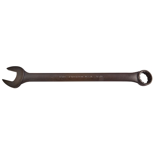 Photo of PROTO J1252B combination wrench, open-end and box-end, dark finish, side view on white background.