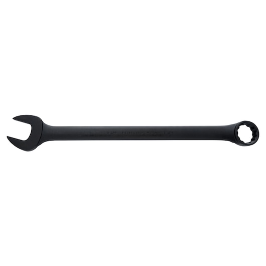 Photo of PROTO J1256B black combination wrench, flat lay on white background, open-end and box-end design.