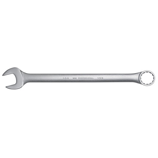 Photo of PROTO J1256 combination wrench, silver finish, open-end and box-end, flat lay on white background.