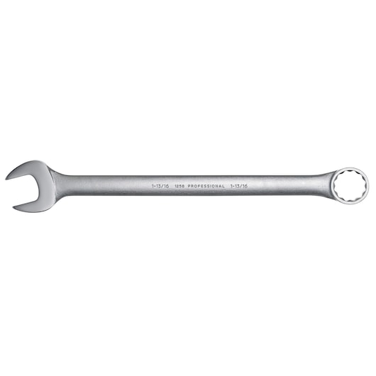 Photo of PROTO J1258 combination wrench, silver finish, box end and open end, flat lay on white background.