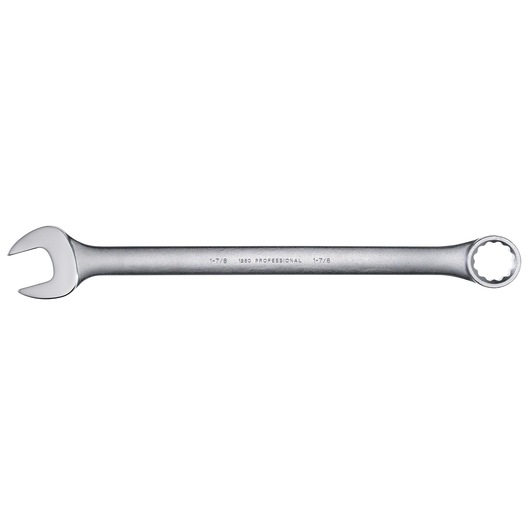 PROTO J1260 combination wrench, silver, 12-point box end and open end, side angle, white background.