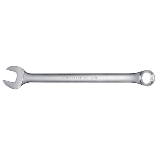 PROTO J1266 combination wrench, silver, open-end and box-end, top angle, white background.