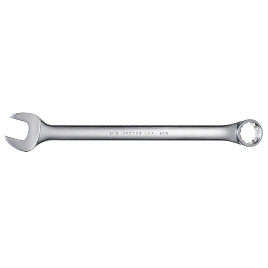 PROTO J1268 combination wrench, chrome finish, standard length, open-end and box-end, flat lay on white background.