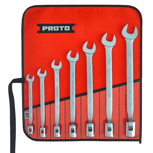 PROTO J1270A wrench set with seven open-end wrenches in a red roll-up pouch, front view on white background.