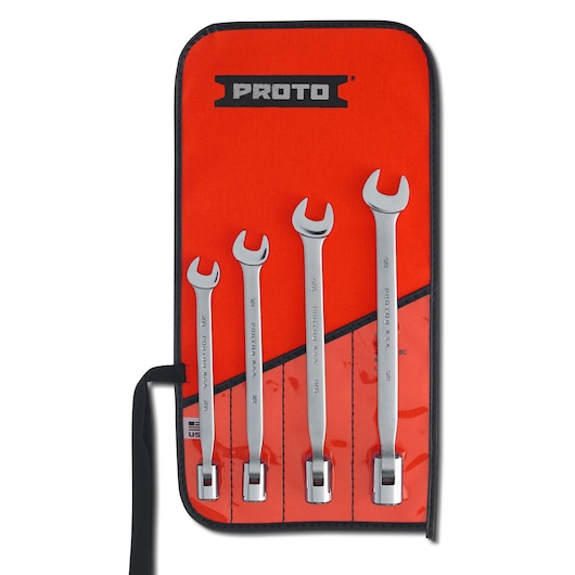 PROTO J1270B wrench set in a red and black roll-up pouch, four open-end wrenches arranged by size, top view.