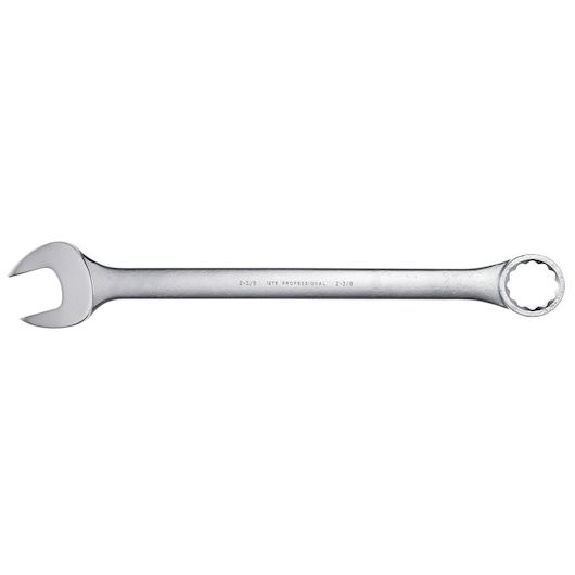 PROTO J1276 combination wrench, silver, open-end and box-end, side view on white background.