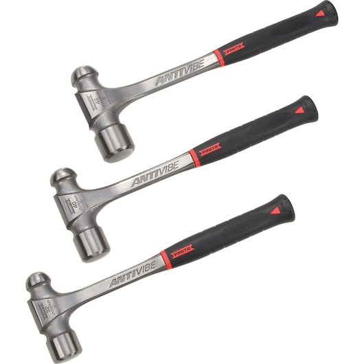 PROTO J1303AVPS ball peen hammer set, anti-vibe steel hammers with black and red ergonomic handles, side view.