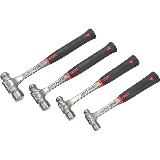 PROTO J1304AVPS set of four antivibe hammers with black and red handles, side angle on white background.