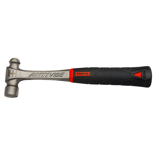 PROTO J1308AVP ball peen hammer with antivibe steel head and black ergonomic grip, side angle on white background.