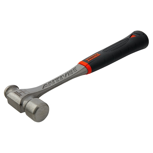 Photo of PROTO J1308AVP anti-vibration hammer with dual steel heads, black and red grip, angled on white background.