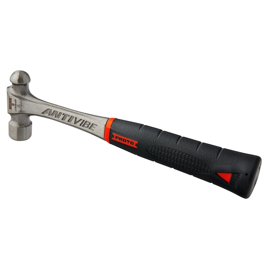 PROTO J1308AVP ball peen hammer with anti-vibration steel handle and black-red grip, side angle on white background.